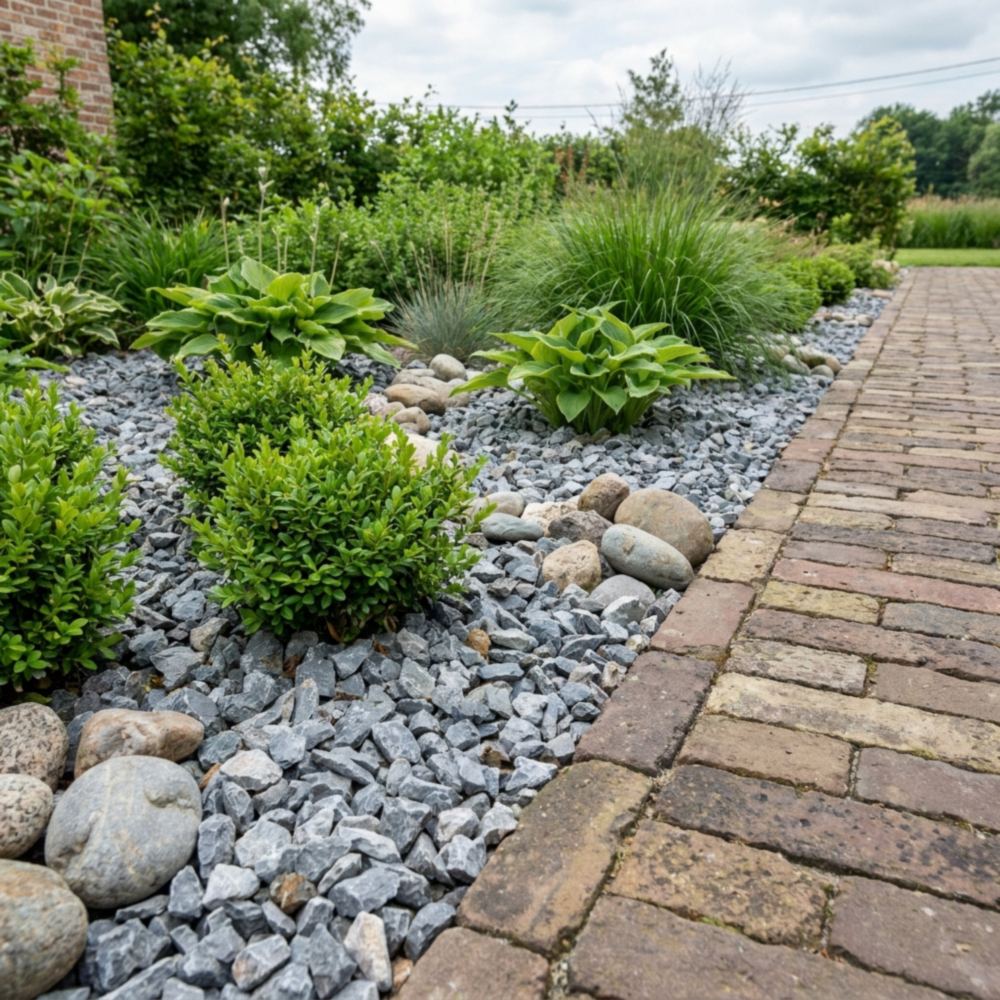 Grijze sierkiezel en split rond planten langs een tuinpad