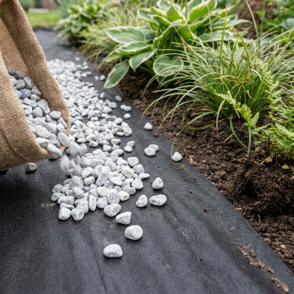 Lichtgrijze sierkiezel wordt uitgespreid over zwart worteldoek in een tuinborder