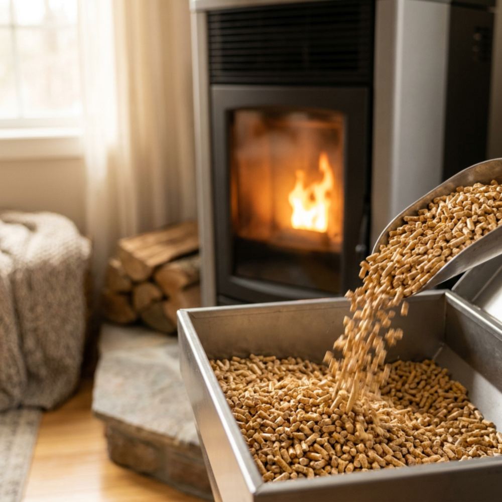 Houtpellets worden bijgevuld in een moderne pelletkachel met schone vlam