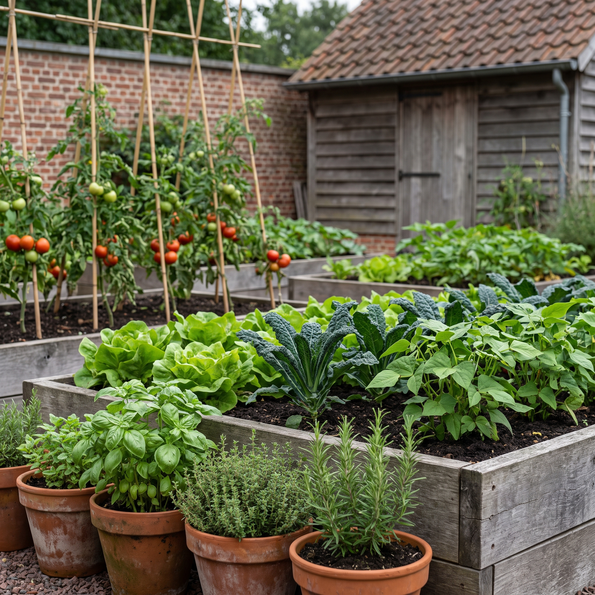 Moestuin met verhoogde bakken, bladgroenten en kruiden in potten bij een Belgische woning