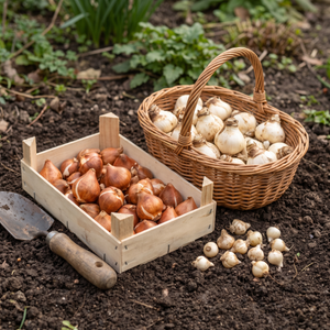 Bloembollen — tulpen- en narcissenbollen in houten kist en mand