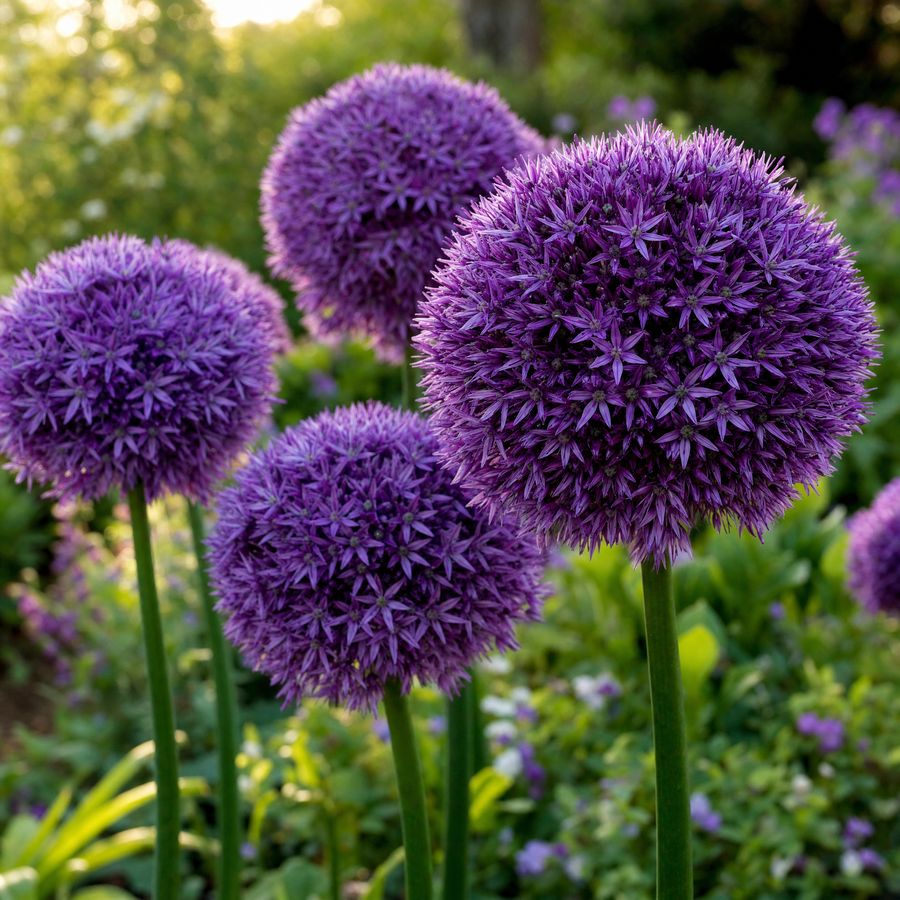 Paarse sierui (allium) in bloei