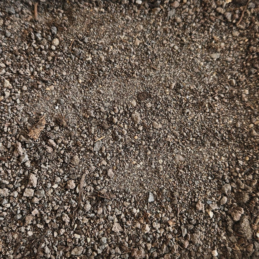 Close-up van topdressing van lava, zand en turf: fijne, korrelige mix