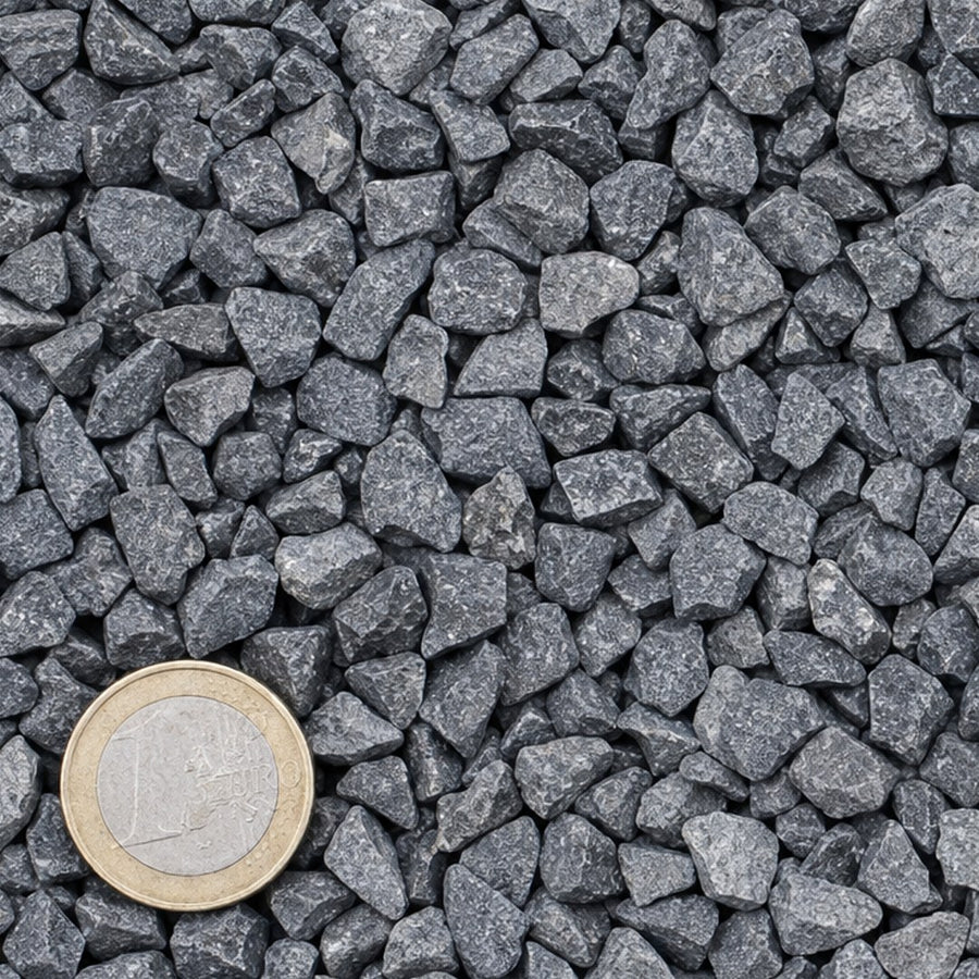 Belgisch Blauw 4/8 mm van bovenaf, op schaal naast een munt van 1 euro (gezichtsveld 9 bij 9 cm)
