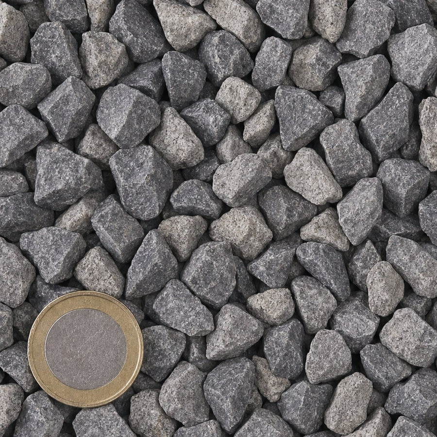 Belgisch Blauw 6/14 mm van bovenaf, op schaal naast een munt van 1 euro (gezichtsveld 9 bij 9 cm)