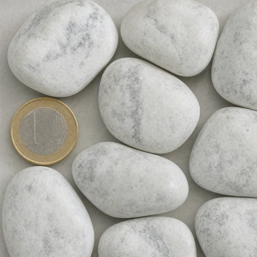 Carrara rond 25/40 mm van bovenaf, op schaal naast een munt van 1 euro (gezichtsveld 9 bij 9 cm)