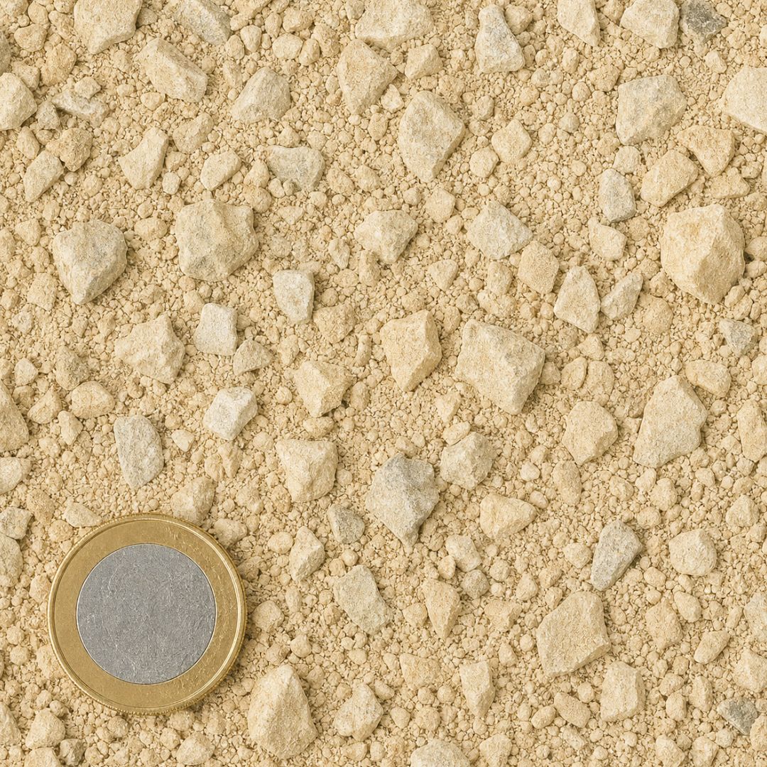 Dolomiet 0/15 mm van bovenaf, op schaal naast een munt van 1 euro (gezichtsveld 9 bij 9 cm)