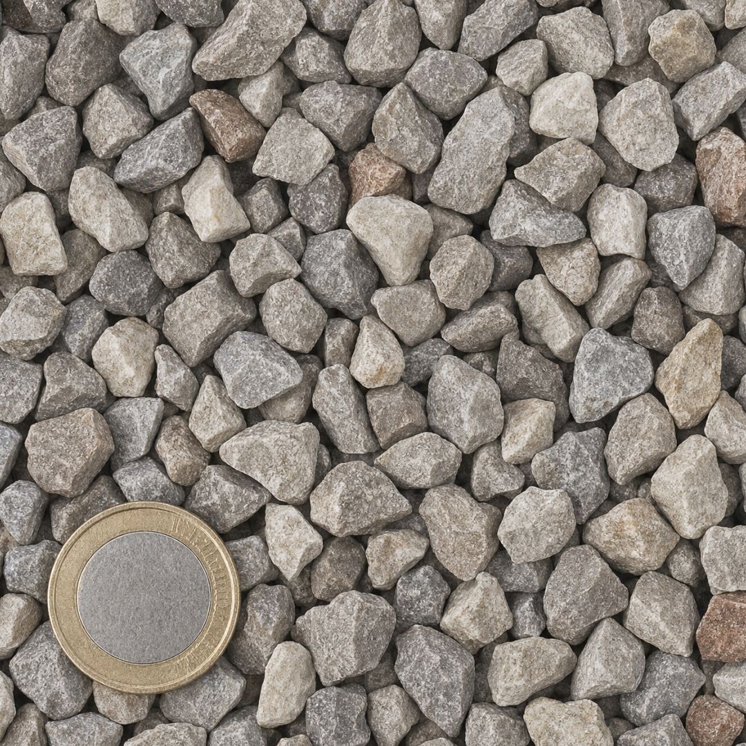 Franse Dolomiet 7/14 mm van bovenaf, op schaal naast een munt van 1 euro (gezichtsveld 9 bij 9 cm)