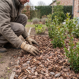 Sylvester boomschors aanbrengen in het tuinperk met handschoenen