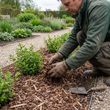 Sylvester boomschors 10-20 aanbrengen in het tuinperk met handschoenen