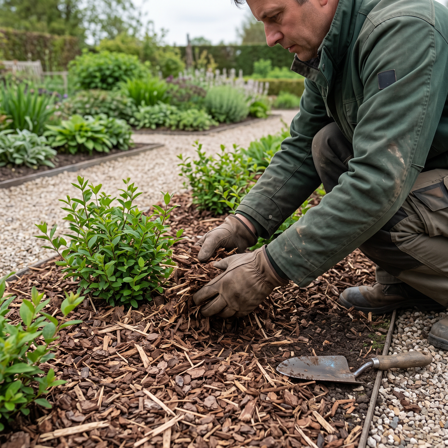 Sylvester boomschors 10-20 aanbrengen in het tuinperk met handschoenen