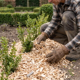 Blanco houtsnippers aanbrengen in het tuinperk met handschoenen