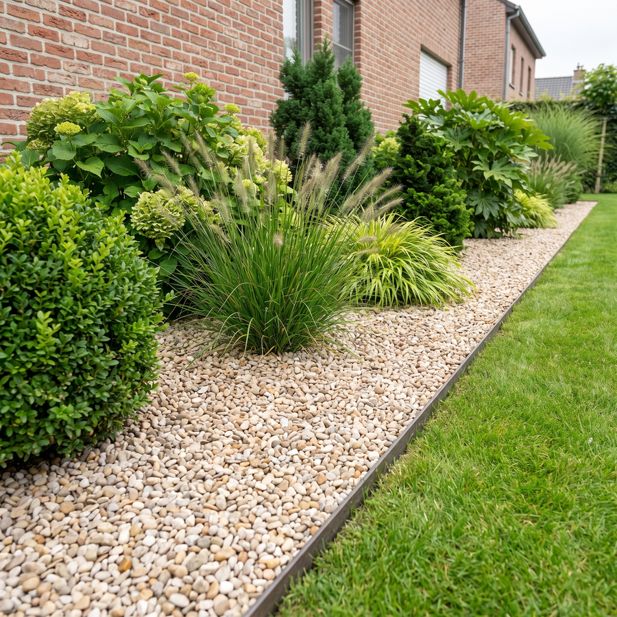 Castle grind als sierlaag in een afgewerkte border met beplanting