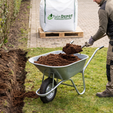 Kruiwagen met planthumus wordt gevuld vanuit de bigbag