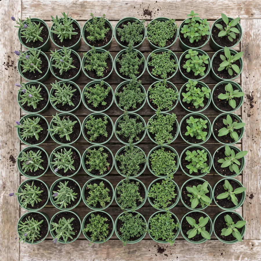 60 kwekerspotten met vijf soorten jonge kruidenplanten, klaar om te planten