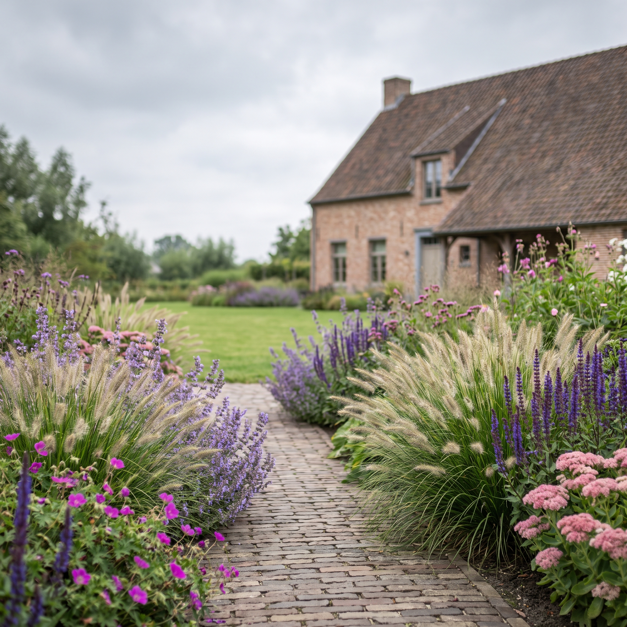 Onderhoudsarme siergrasborder langs een tuinpad met siergras, salie en ooievaarsbek