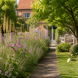 Tuinpad omzoomd met een natuurlijke wildstaudenborder