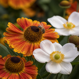 Close-up van zonnebruid en herfstanemoon met een bij