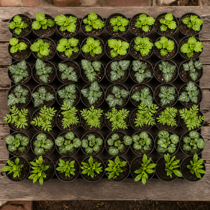 60 kwekerspotten met vijf bosplanten, klaar om te planten