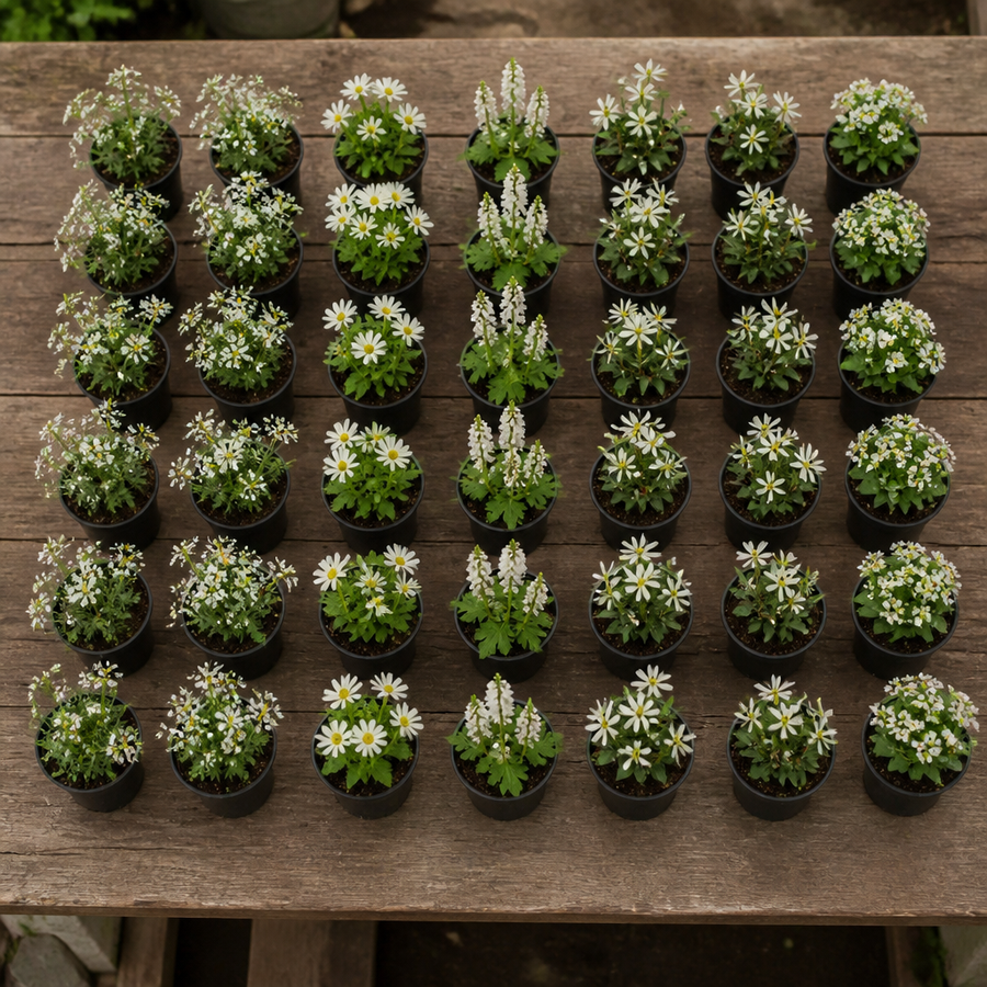 60 kwekerspotten met vijf witbloeiende planten, klaar om te planten