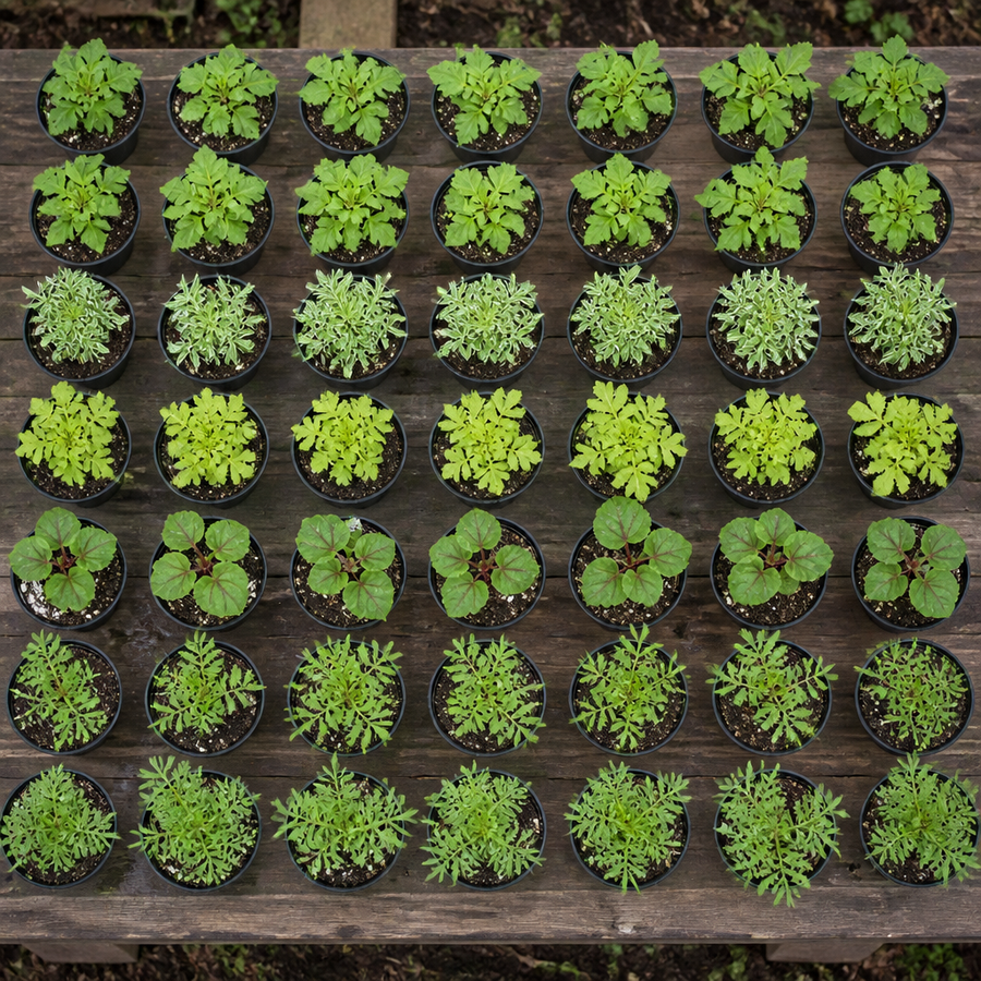 60 kwekerspotten met vijf laatbloeiende planten, klaar om te planten