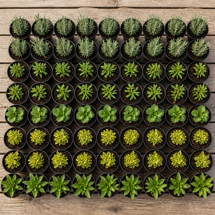 60 kwekerspotten met vijf soorten jonge planten, klaar om te planten