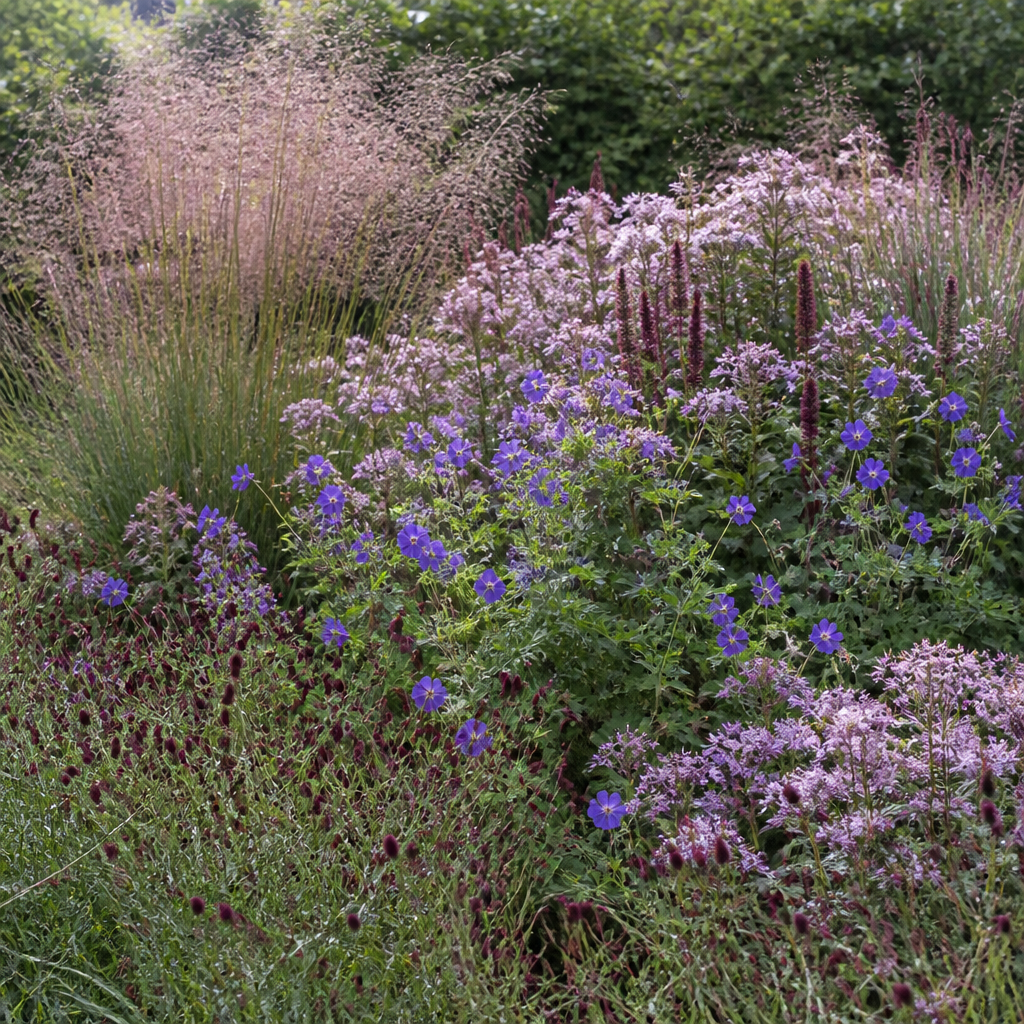 Gelaagde prairieborder in halfschaduw met diamantgras, duizendknoop, herfstaster, ooievaarsbek en pimpernel