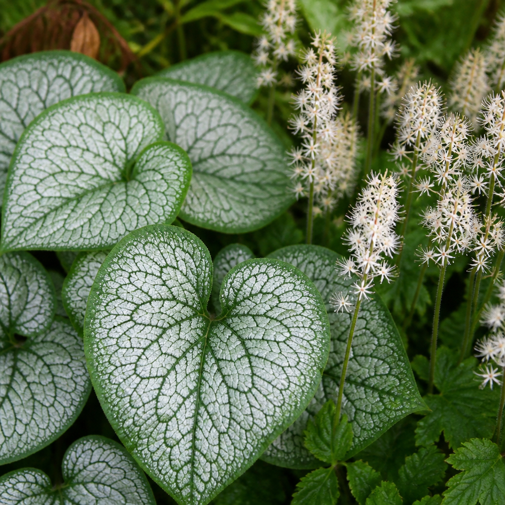 Close-up van zilvergeaderd Jack Frost-blad met schuimbloem