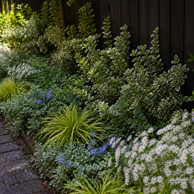 Lichtgevende bonte schaduwborder met kardinaalsmuts, maagdenpalm, klimop, zegge en herfstaster