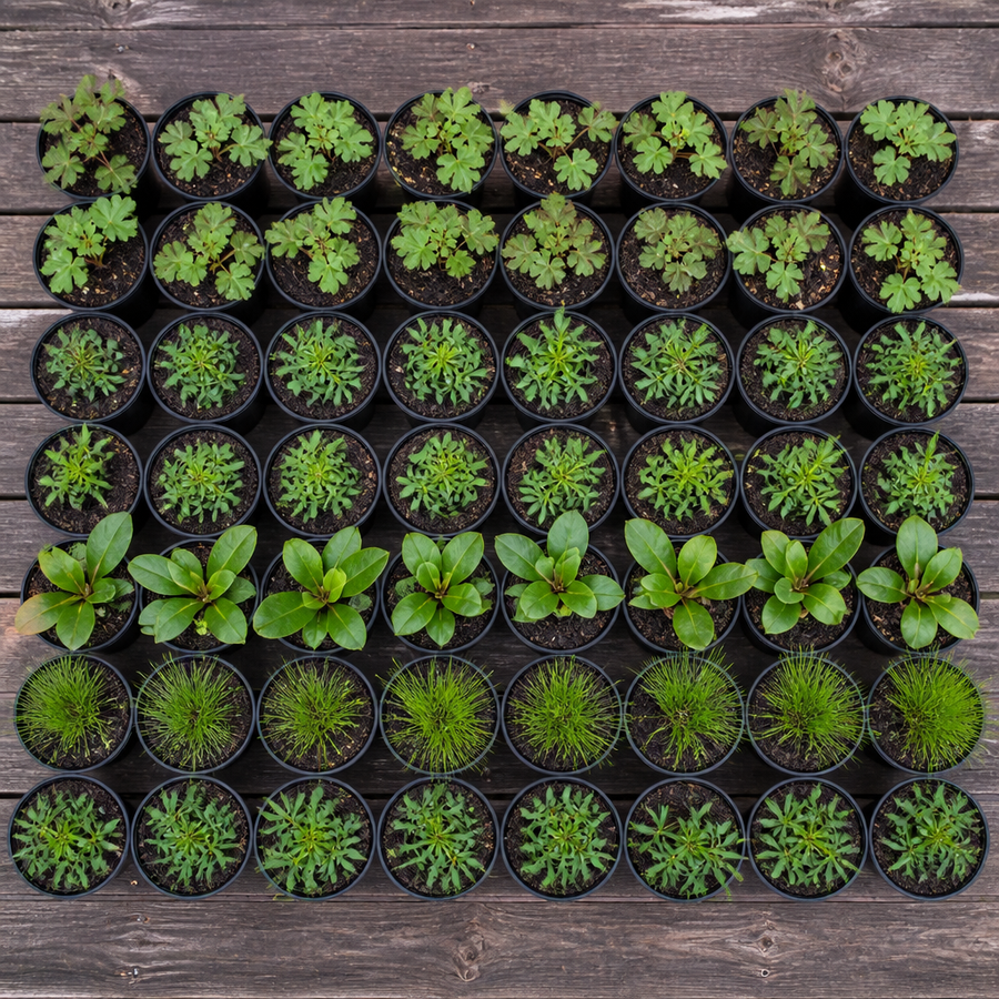 60 kwekerspotten met vijf soorten jonge planten, klaar om te planten