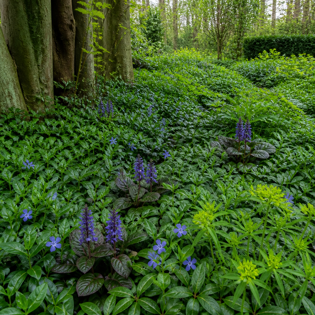 Vloeiend groen schaduwtapijt met schaduwkruid, maagdenpalm, smeerwortel, zenegroen en amandelwolfsmelk