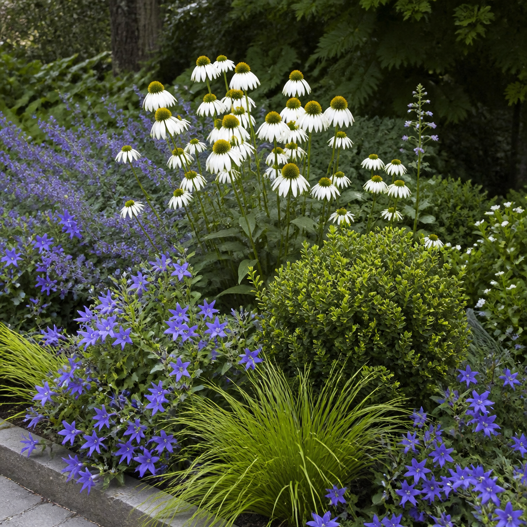 Fris wit-blauwe border met witte zonnehoed, klokjesbloem, kattenkruid, zegge en kardinaalsmuts