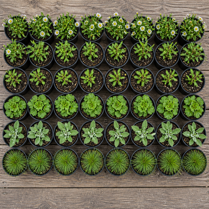 60 kwekerspotten met vijf soorten jonge planten, klaar om te planten
