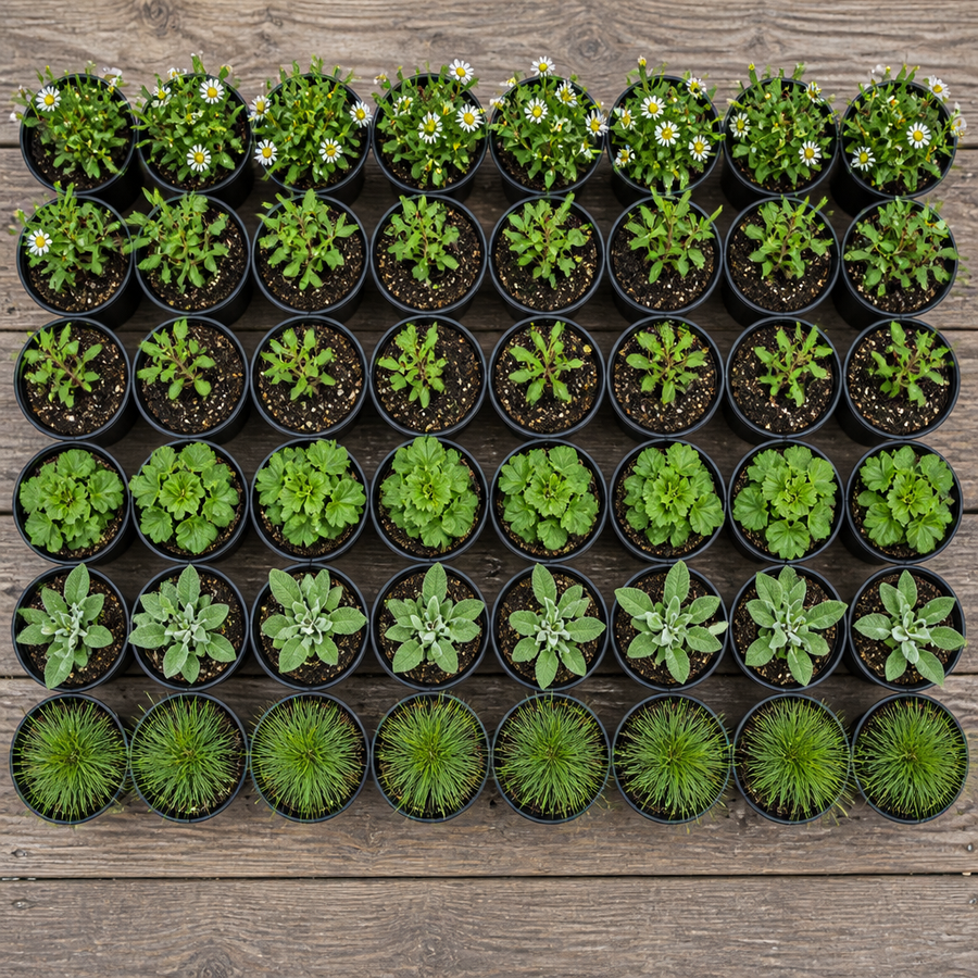 60 kwekerspotten met vijf soorten jonge planten, klaar om te planten