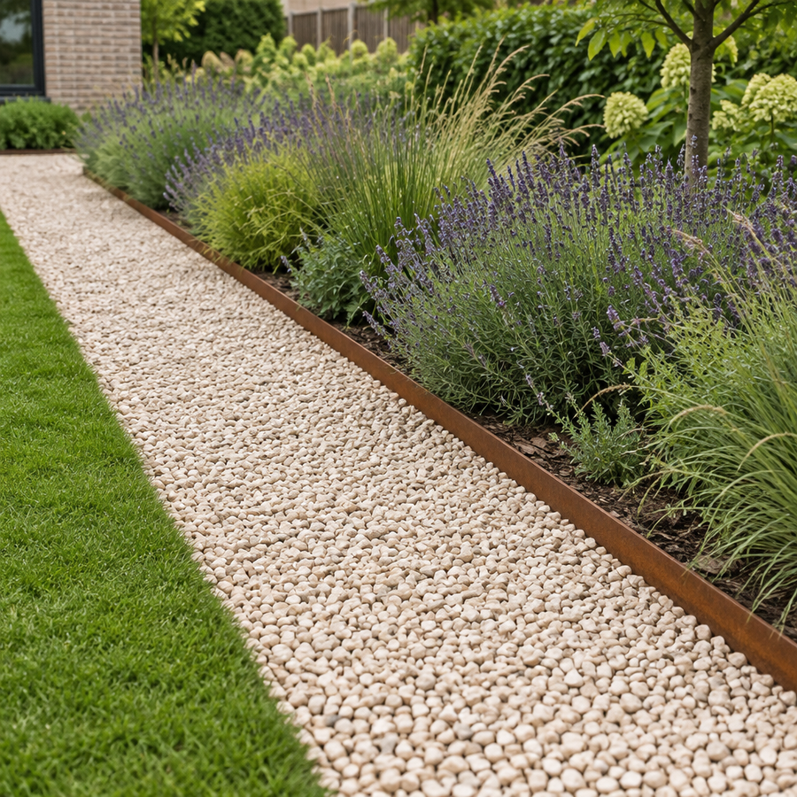 Tuinpad en border met crèmekleurige kalksteensplit 4/8