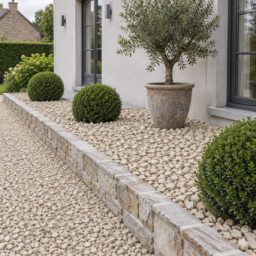 Terrasrand en pad met beige kalksteensplit 7/14