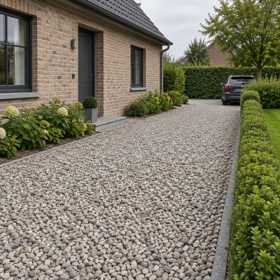 Oprit en parkeerstrook met Franse dolomietsplit 7/14