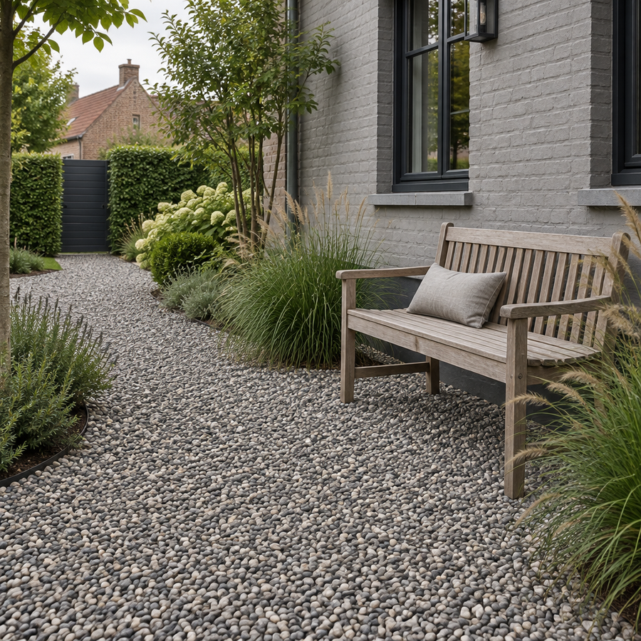Tuinpad en zithoek met grijs rolgrind 4/8