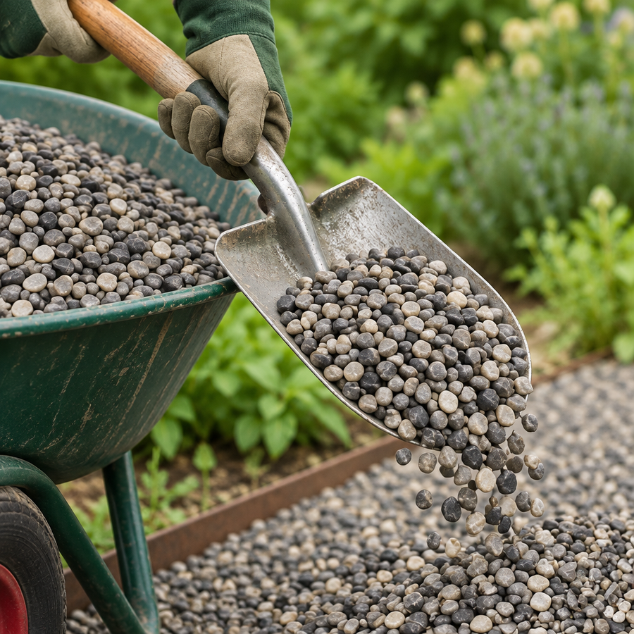 Grijs rolgrind uitscheppen uit de kruiwagen