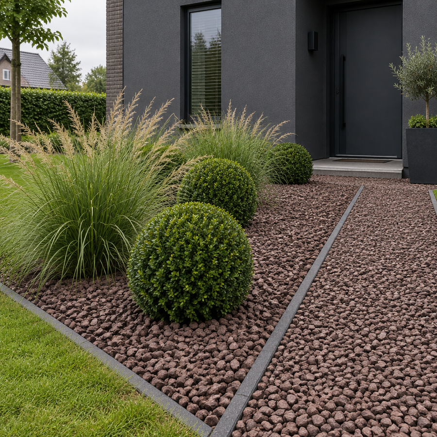 Moderne voortuin met Obscura 8/11 langs een donkere gevel