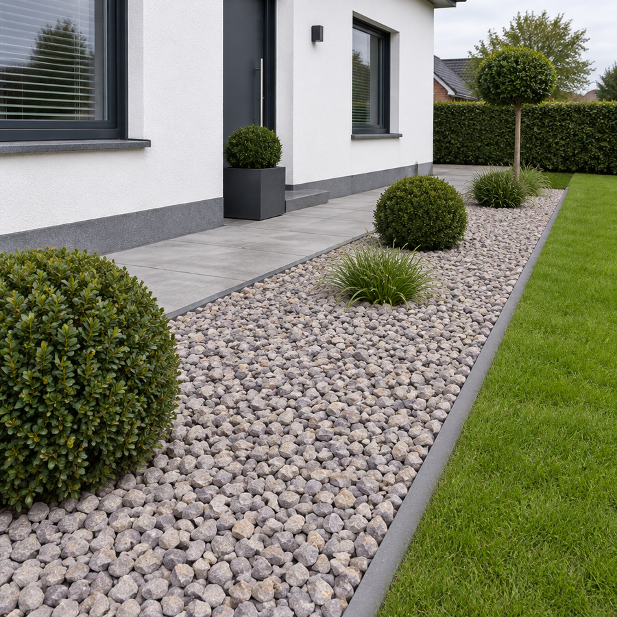 Moderne voortuin met Ice Grey 6/10 bij een witte gevel
