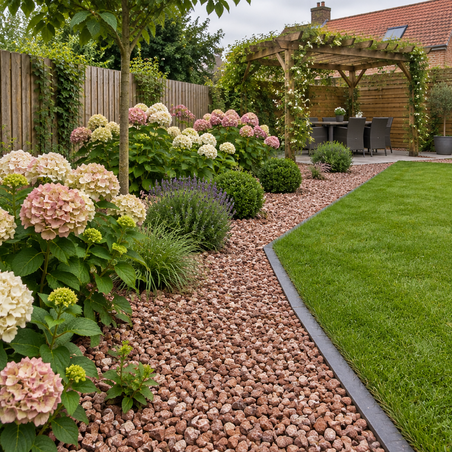 Achtertuin met pad en borders in Ruby 8/12