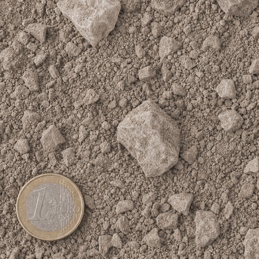 Kalksteenslag 0/20 mm van bovenaf, op schaal naast een munt van 1 euro (gezichtsveld 9 bij 9 cm)