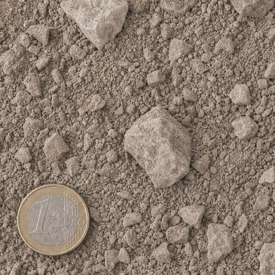 Kalksteenslag 0/20 mm van bovenaf, op schaal naast een munt van 1 euro (gezichtsveld 9 bij 9 cm)