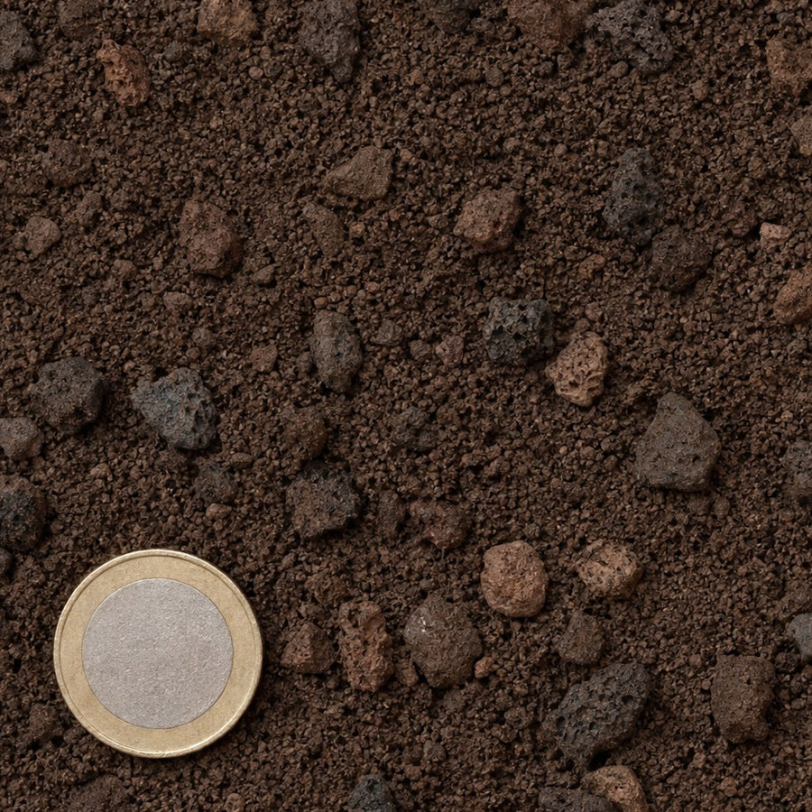 Lavasteen 0/16 mm van bovenaf, op schaal naast een munt van 1 euro (gezichtsveld 9 bij 9 cm)