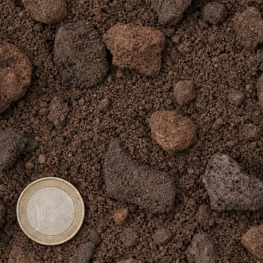 Lavasteen 0/32 mm van bovenaf, op schaal naast een munt van 1 euro (gezichtsveld 9 bij 9 cm)