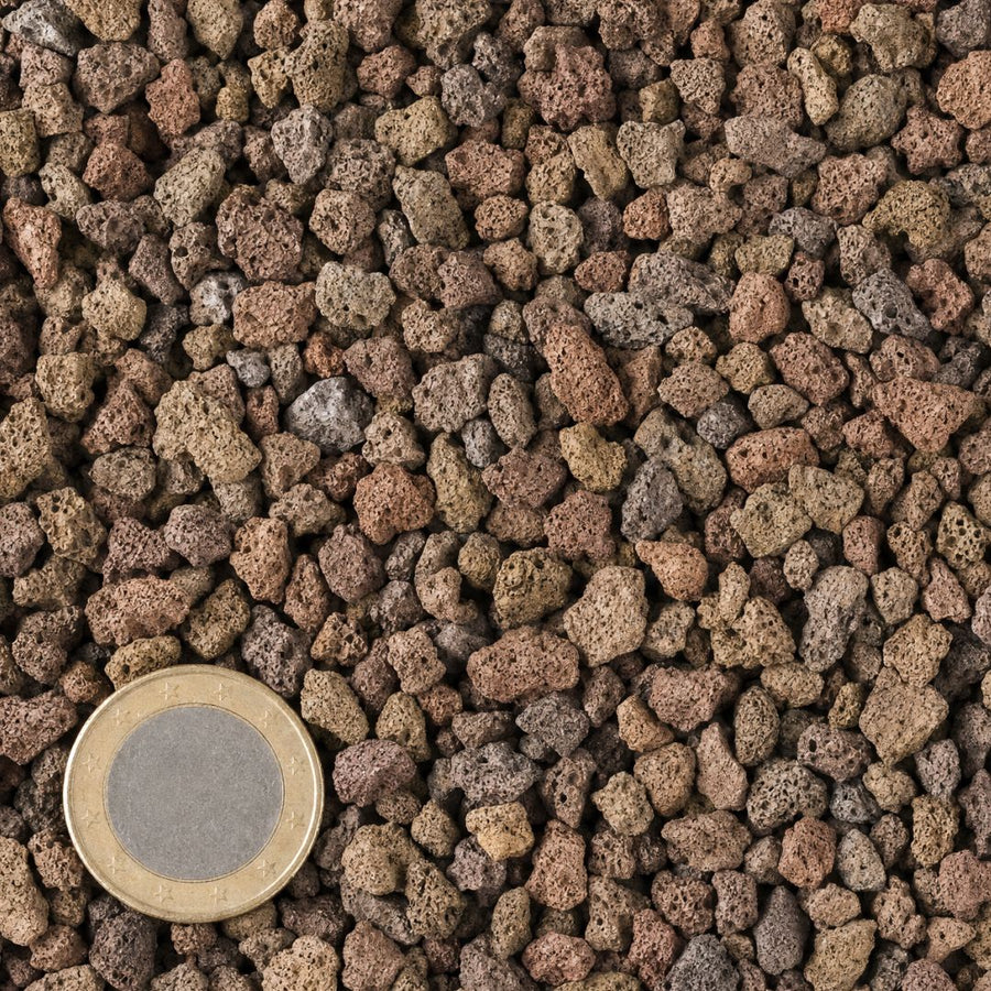 Lavasteen 2/8 mm van bovenaf, op schaal naast een munt van 1 euro (gezichtsveld 9 bij 9 cm)