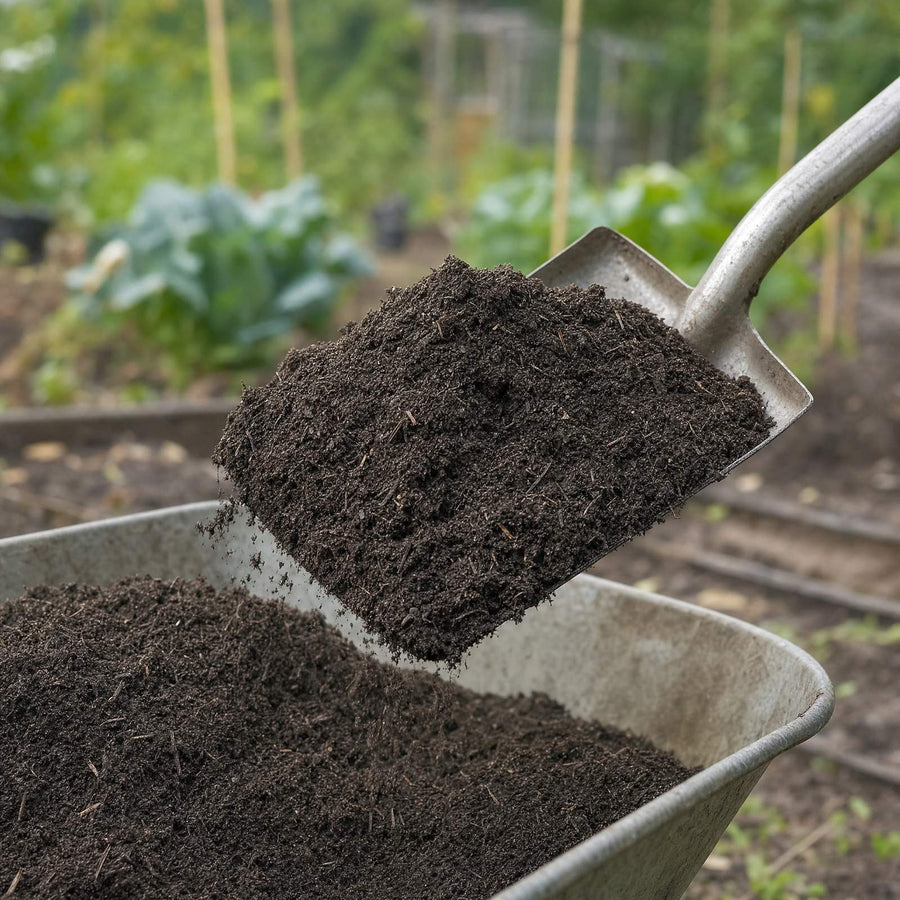 Schep mengcompost boven een kruiwagen met donkere, vezelige compost