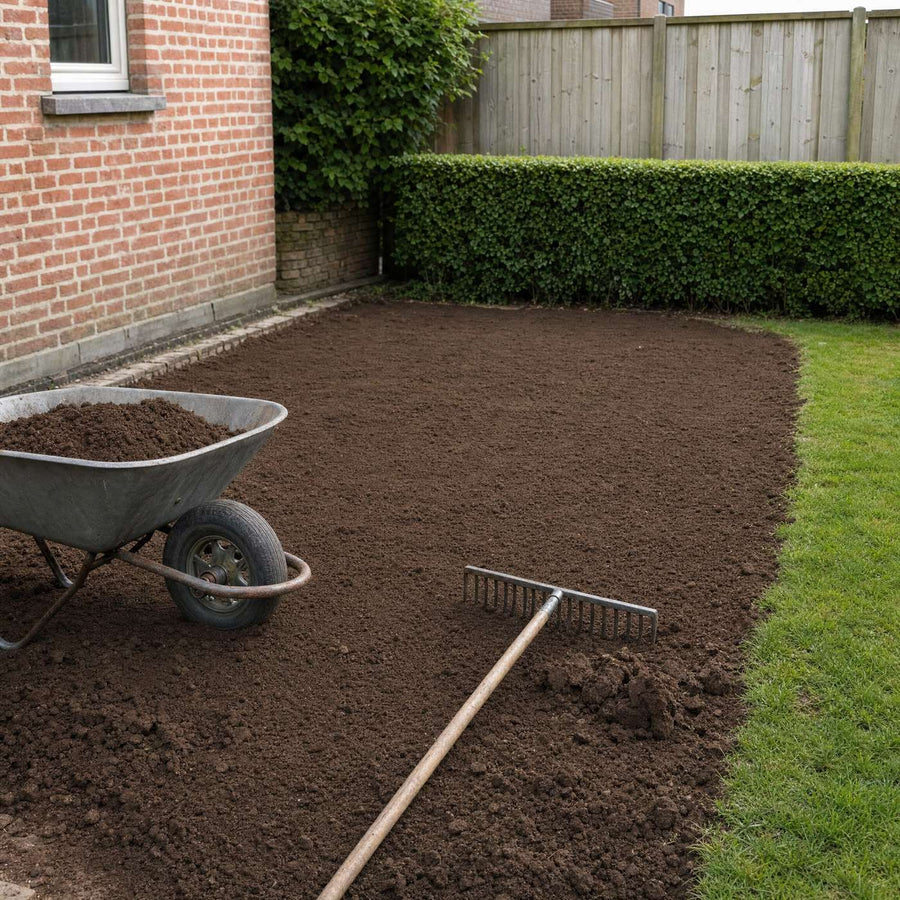 Hoek van de tuin opgehoogd en gelijkgeharkt met ongezeefde teelaarde naast het gazon