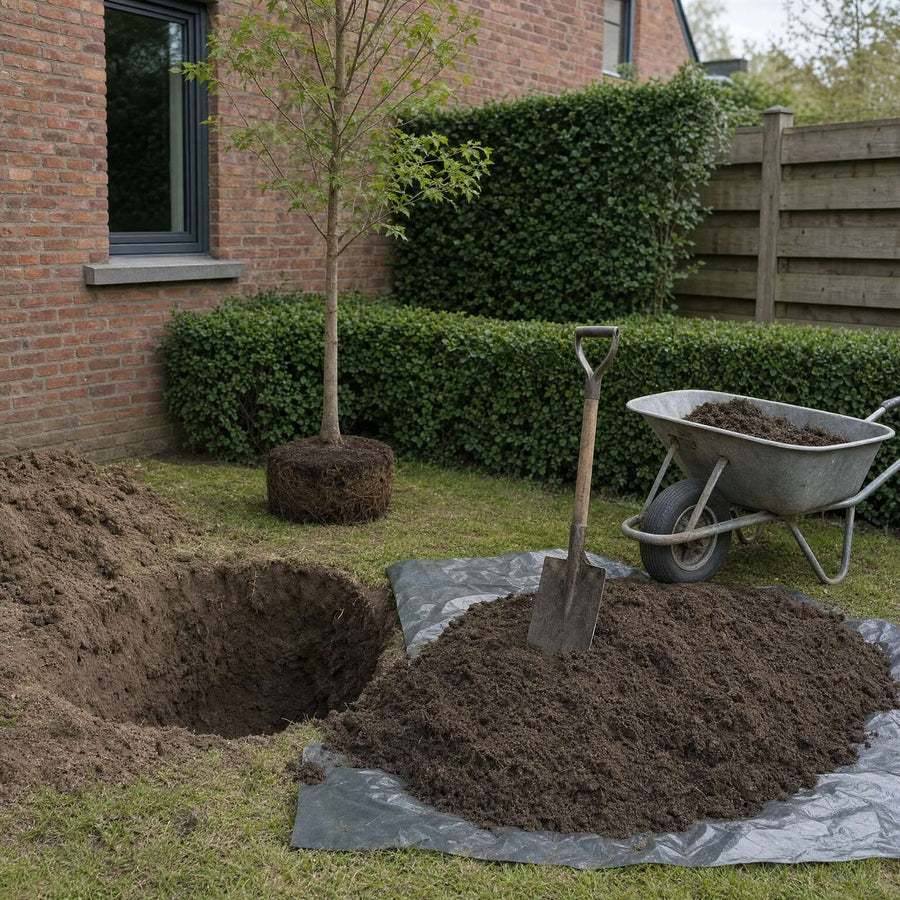 Jonge boom met kluit naast een plantgat, planthumus wordt door de uitgegraven grond gemengd